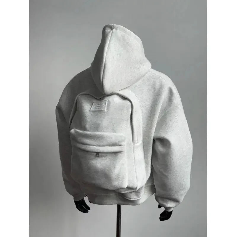 White Grey 3D Sweater Bag Hoodie Men'S Sporty Boxy Short Wide American Style Design Sense Men'S Hooded Jacket