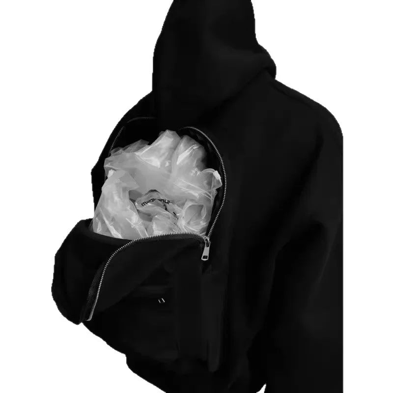 White Grey 3D Sweater Bag Hoodie Men'S Sporty Boxy Short Wide American Style Design Sense Men'S Hooded Jacket