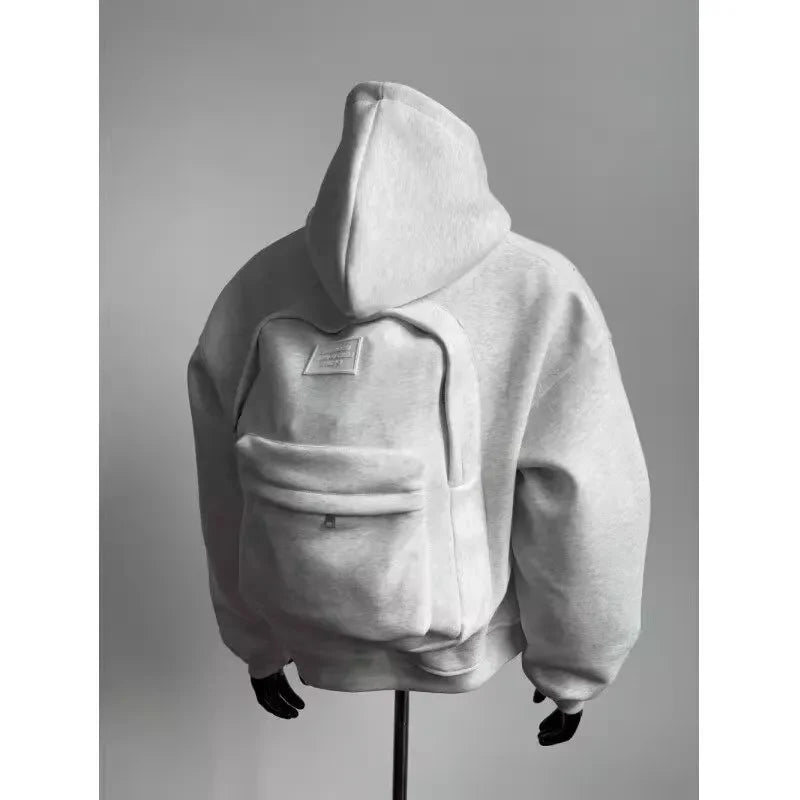 White Grey 3D Sweater Bag Hoodie Men'S Sporty Boxy Short Wide American Style Design Sense Men'S Hooded Jacket