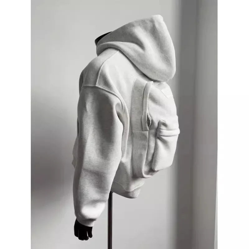 White Grey 3D Sweater Bag Hoodie Men'S Sporty Boxy Short Wide American Style Design Sense Men'S Hooded Jacket